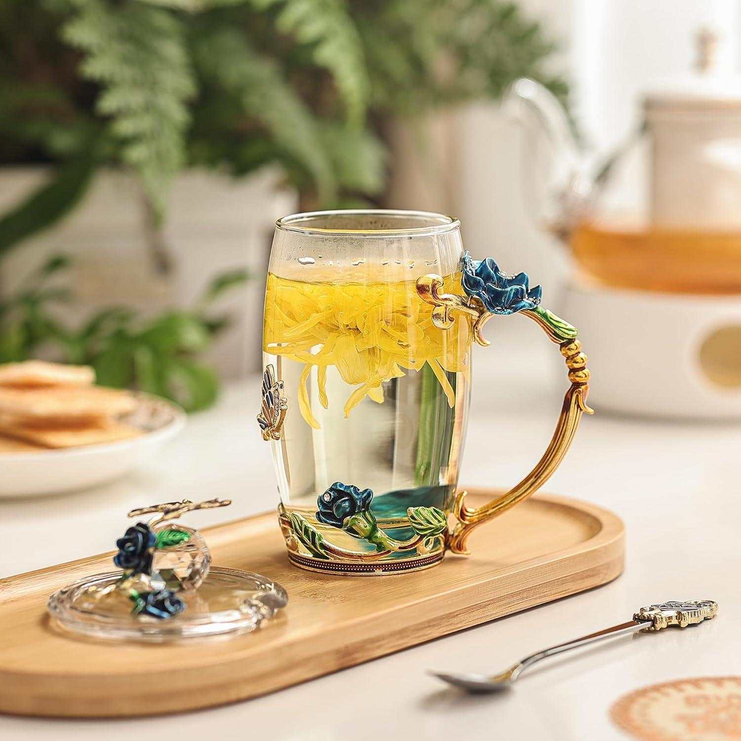 Emaille Blumen Tee Tasse Set mit Löffel und Deckel, Glas Kaffeebecher - Blau