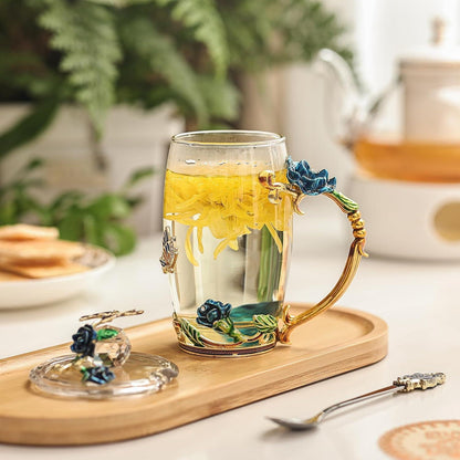 Emaille Blumen Tee Tasse Set mit Löffel und Deckel, Glas Kaffeebecher - Blau