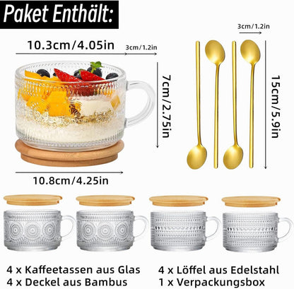 4er Kaffeebecher Set 400ml mit Deckel und Löffel, Vintage Cappuccino