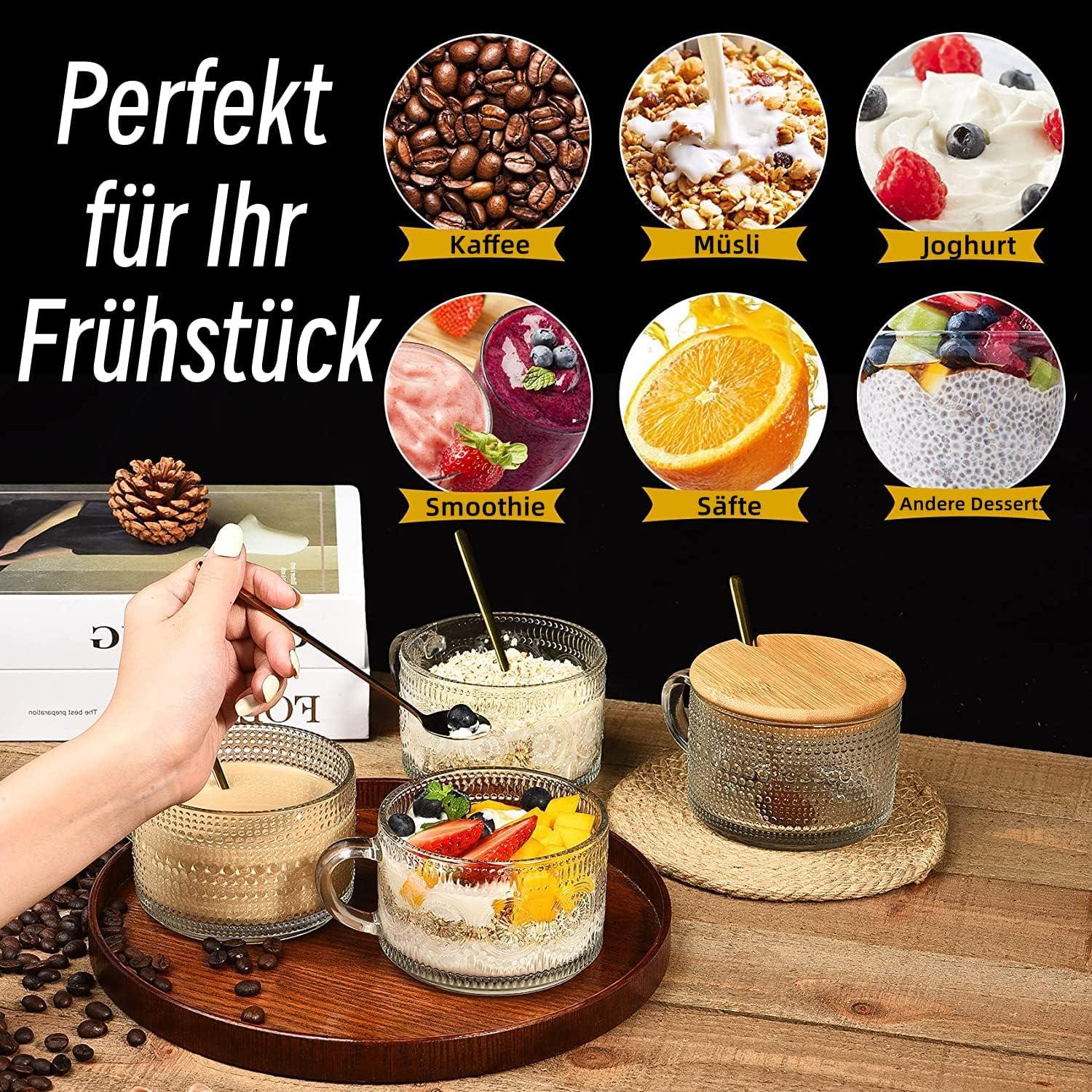 4er Kaffeetassen Set 400ml mit Deckel & Löffel, Müslibecher Cappuccino