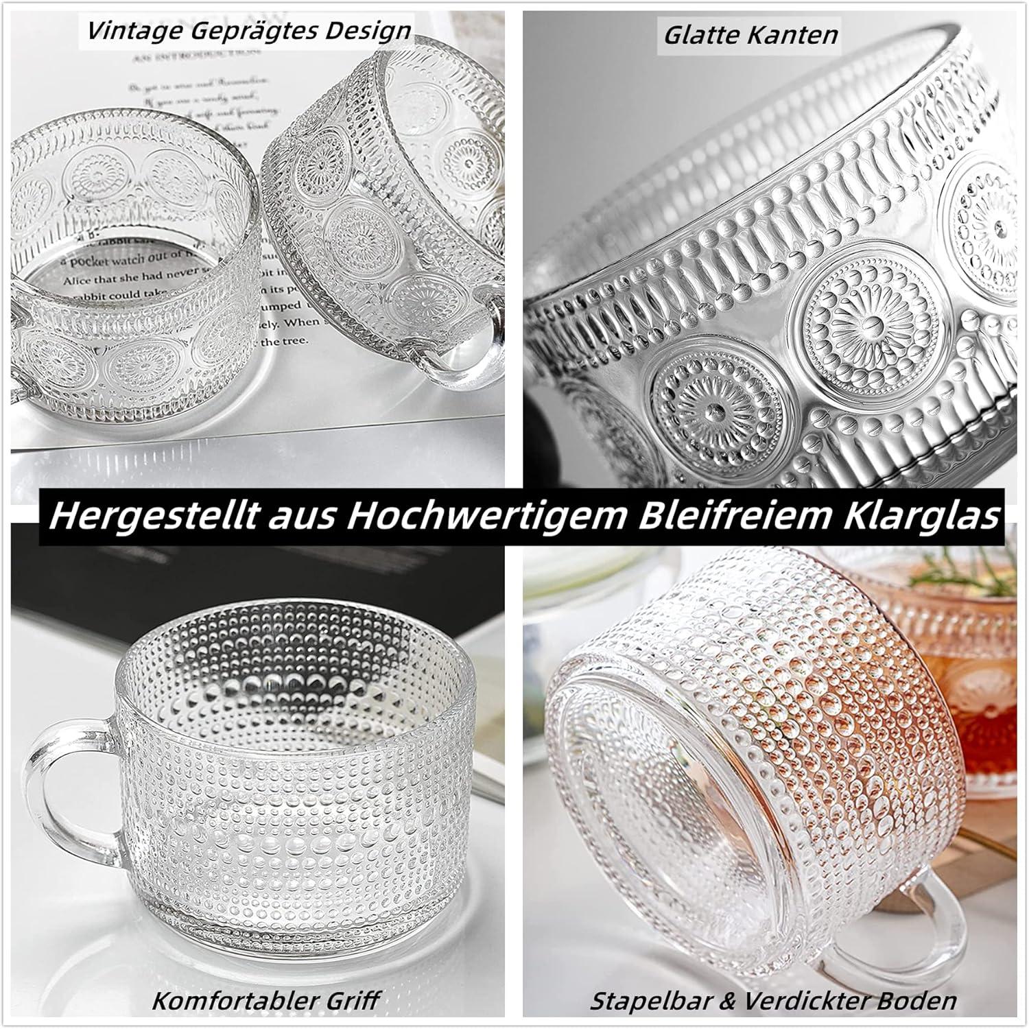 4er Kaffeebecher Set 400ml mit Deckel und Löffel, Vintage Cappuccino