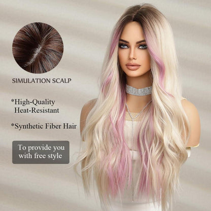 Ombre Blonde Lange Lockige Perücke mit Rosa Lila Highlight