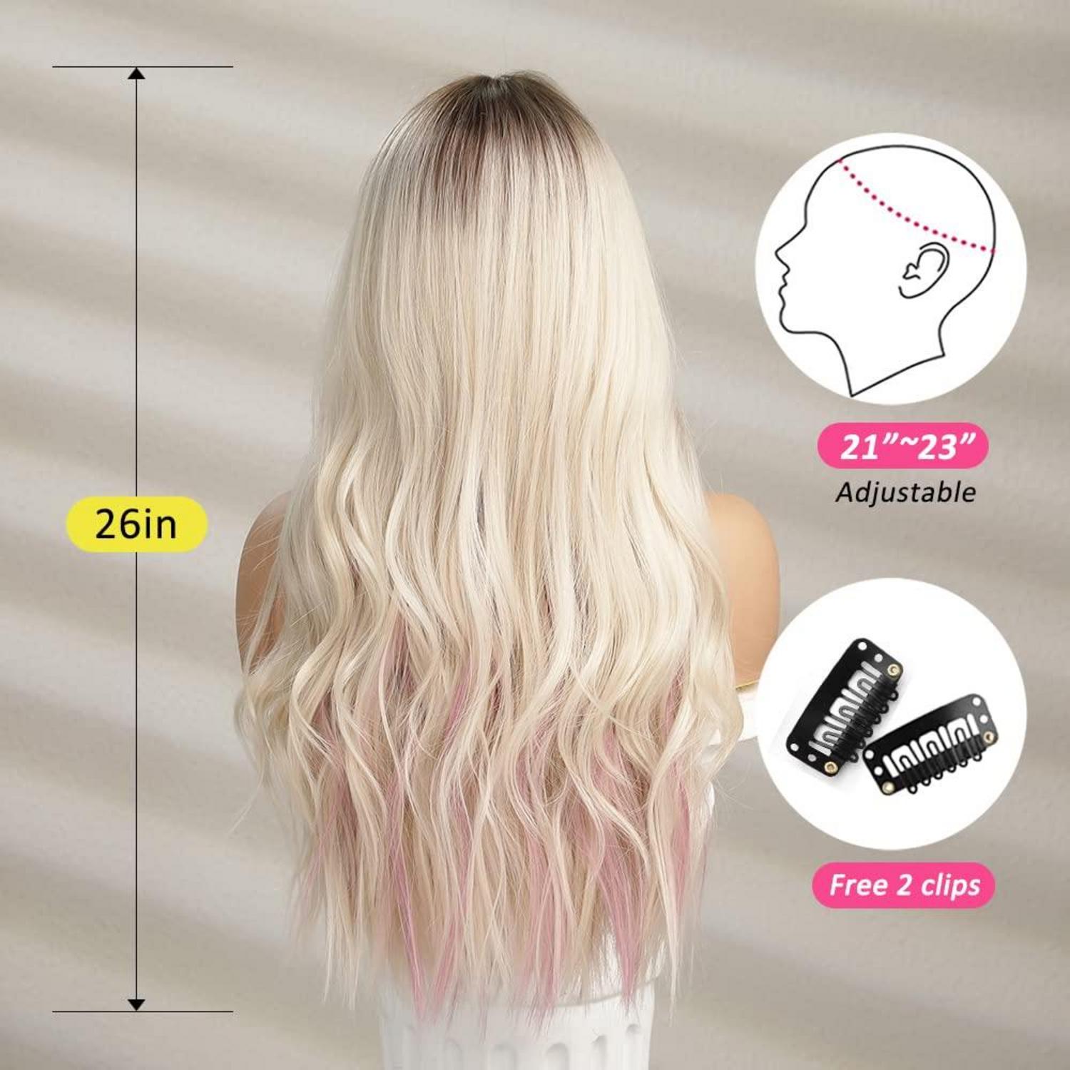 Ombre Blonde Lange Lockige Perücke mit Rosa Lila Highlight 30 Tage Rückgabe Hitzebeständig Synthetisches Haar für Party Cosplay Tragen