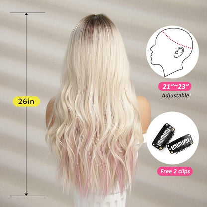 Ombre Blonde Lange Lockige Perücke mit Rosa Lila Highlight 30 Tage Rückgabe Hitzebeständig Synthetisches Haar für Party Cosplay Tragen