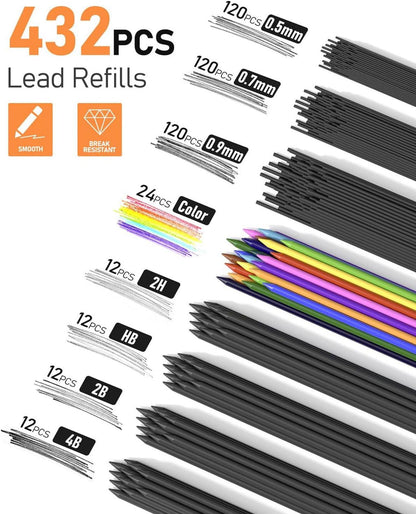 25-teiliges Kunst Druckbleistift Set Metall 0,5 0,7 0,9 mm 2 mm Kupplungsstift Graphit Minen-Nachfüllungen