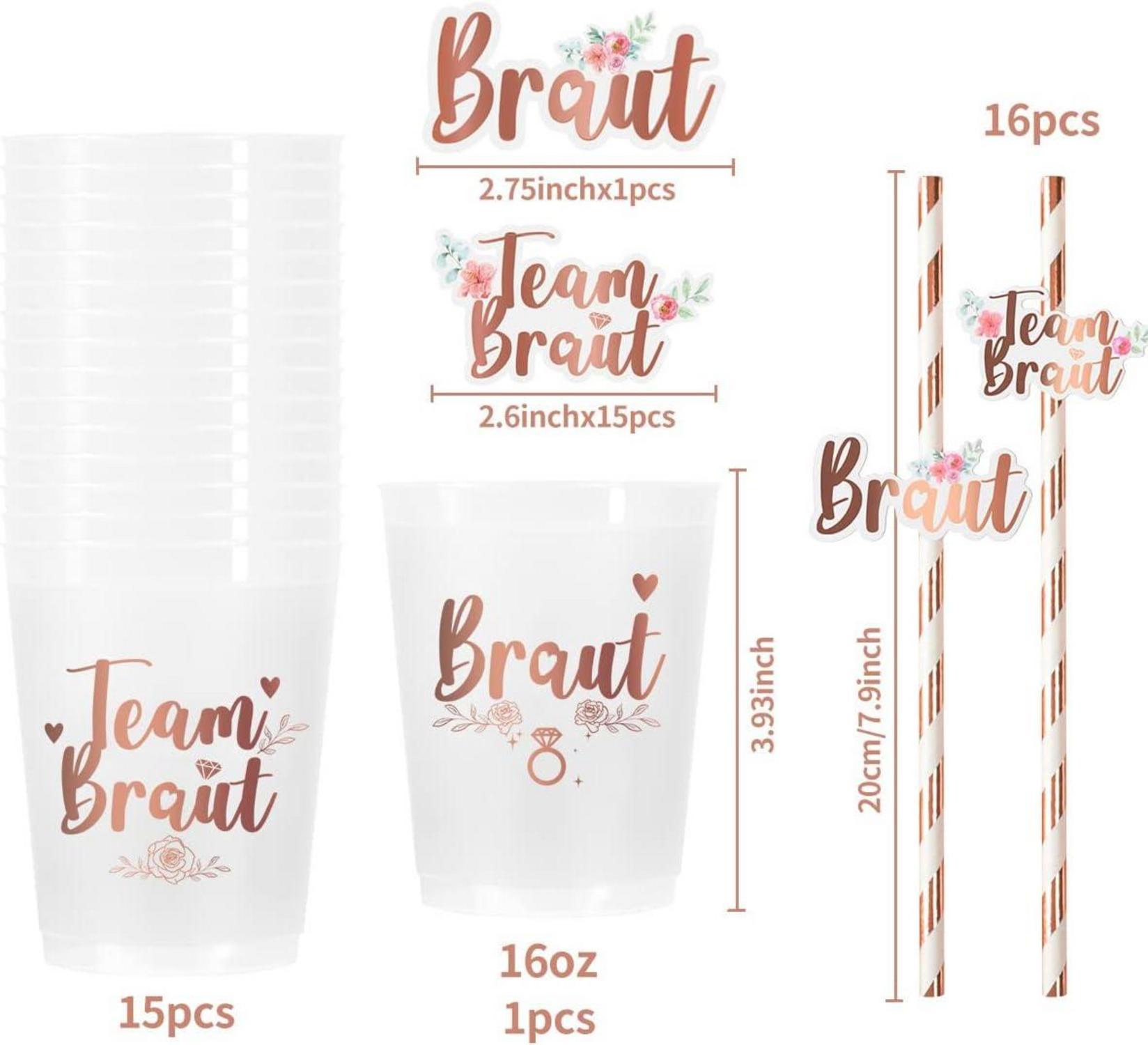 16-teiliges JGA Dekorationsset Rosegold Team Braut Tassen