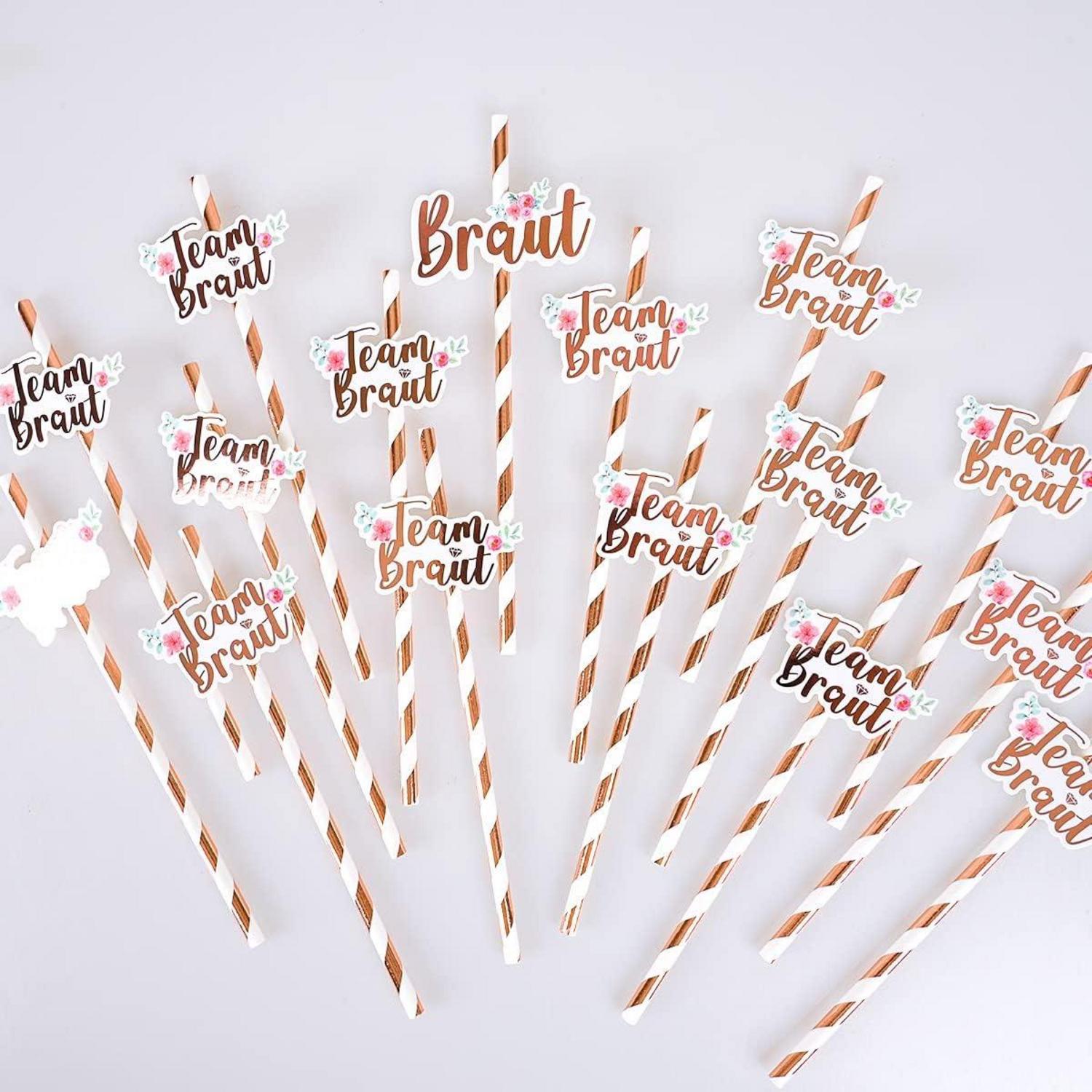 JGA Set Team Braut Rosegold Becher Strohhalme 16-teilig
