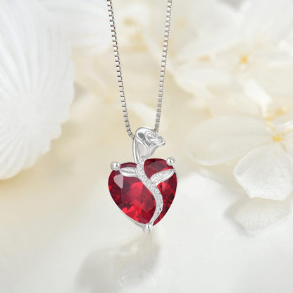 Herz Kette Sterling Silber Geburtsstein Rose Blume Geschenke Frauen