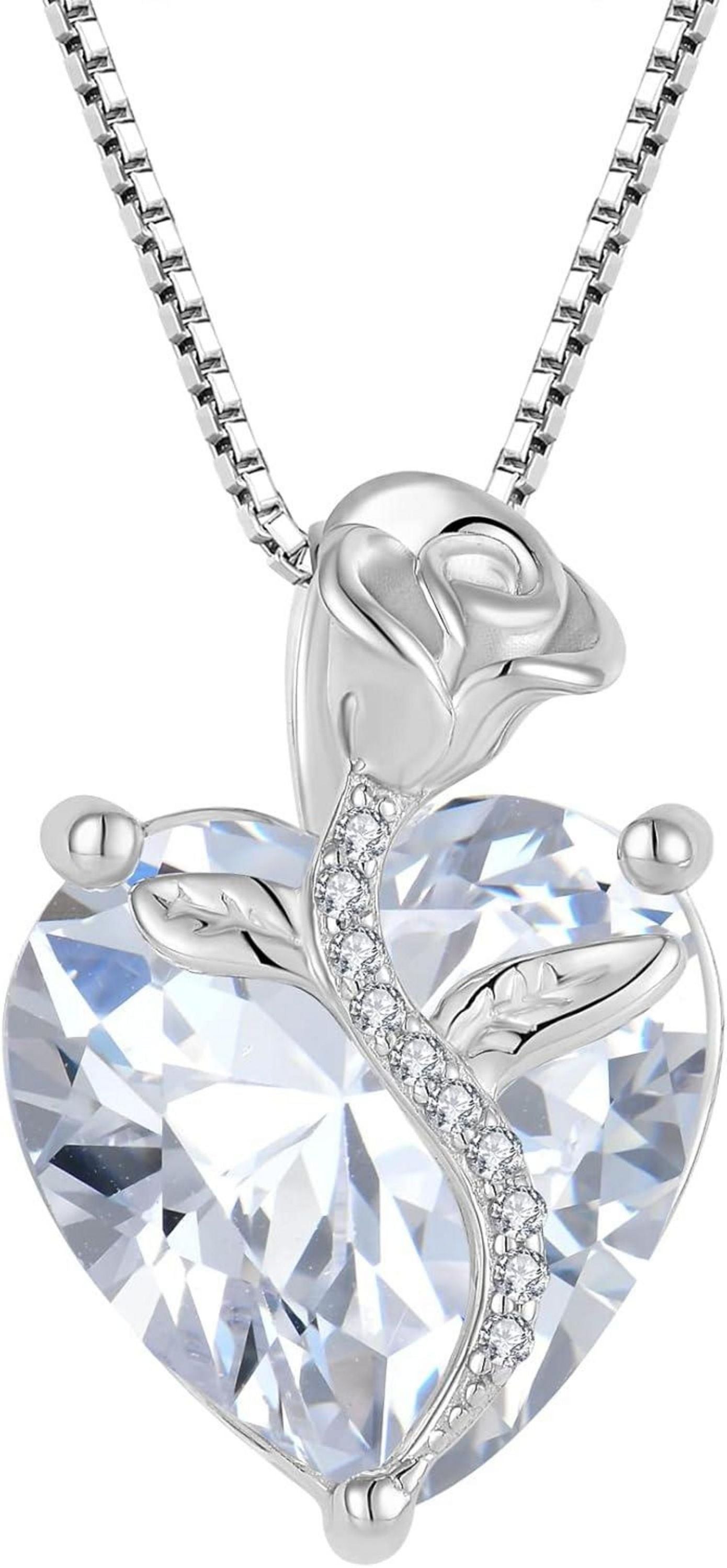 Herz Kette Damen Sterling Silber Geburtsstein Anhänger Rose Schmuck