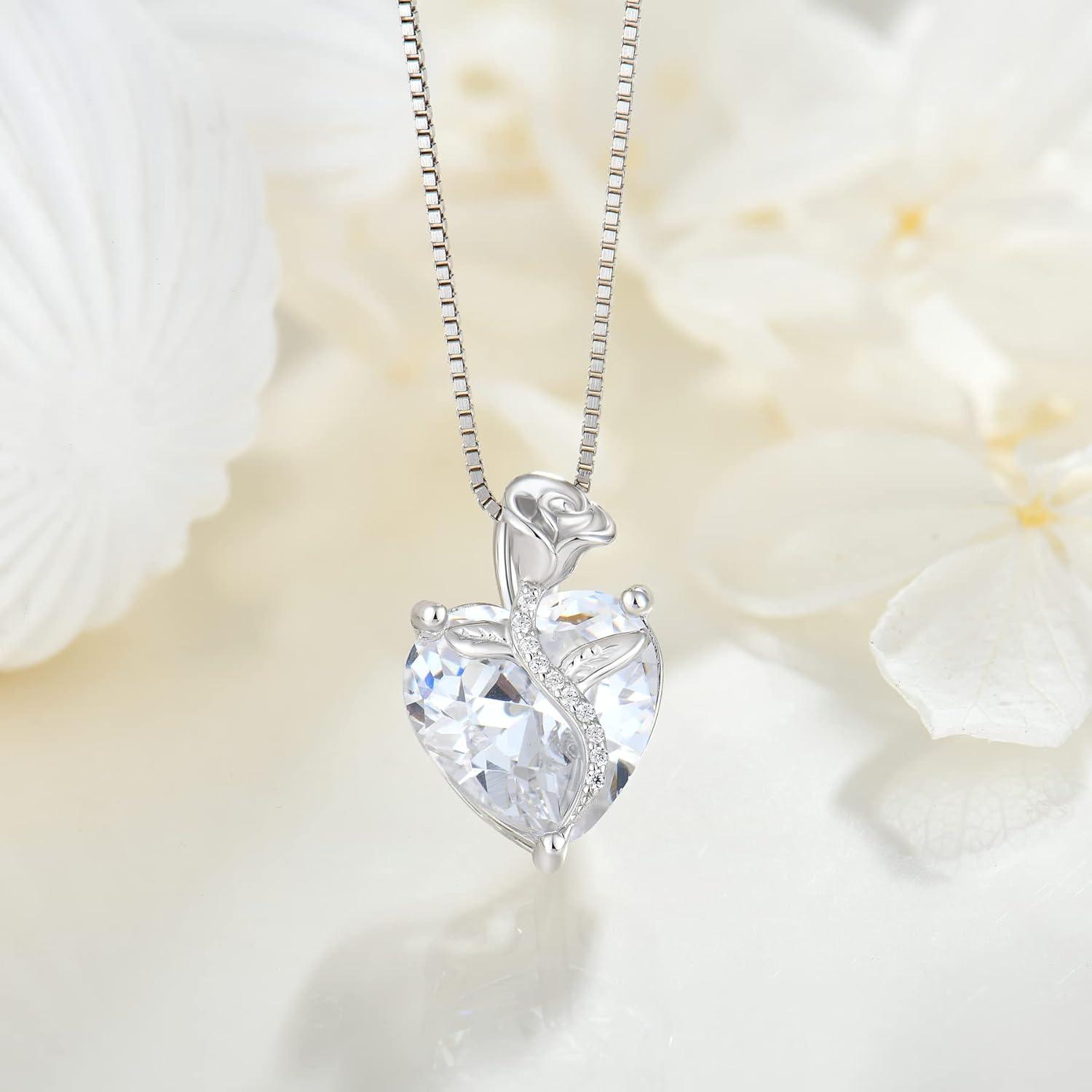 Herz Kette Damen Sterling Silber Geburtsstein Anhänger Rose Schmuck