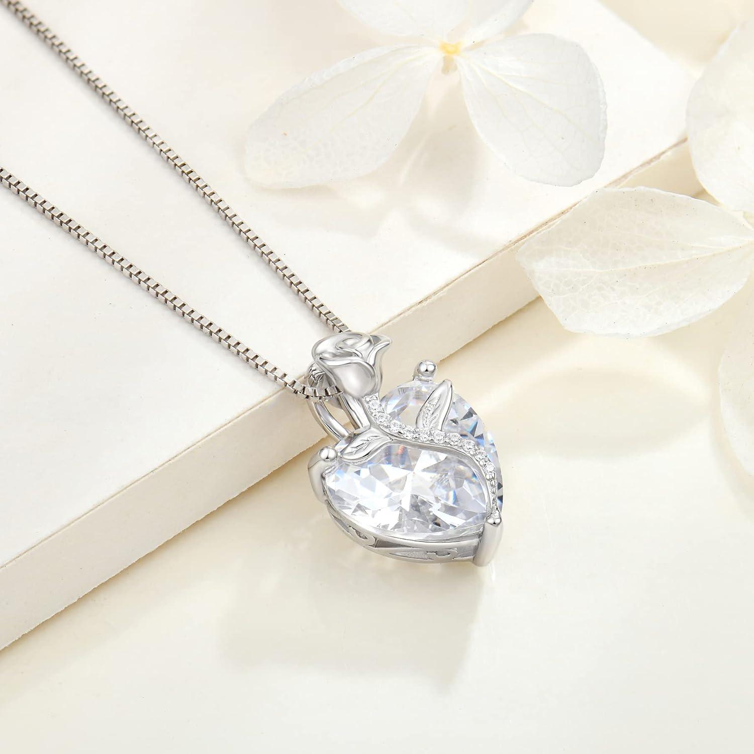 FJ Herz Kette Damen 925 Sterling Silber Geburtsstein Anhänger Rose Blume Zirkonia
