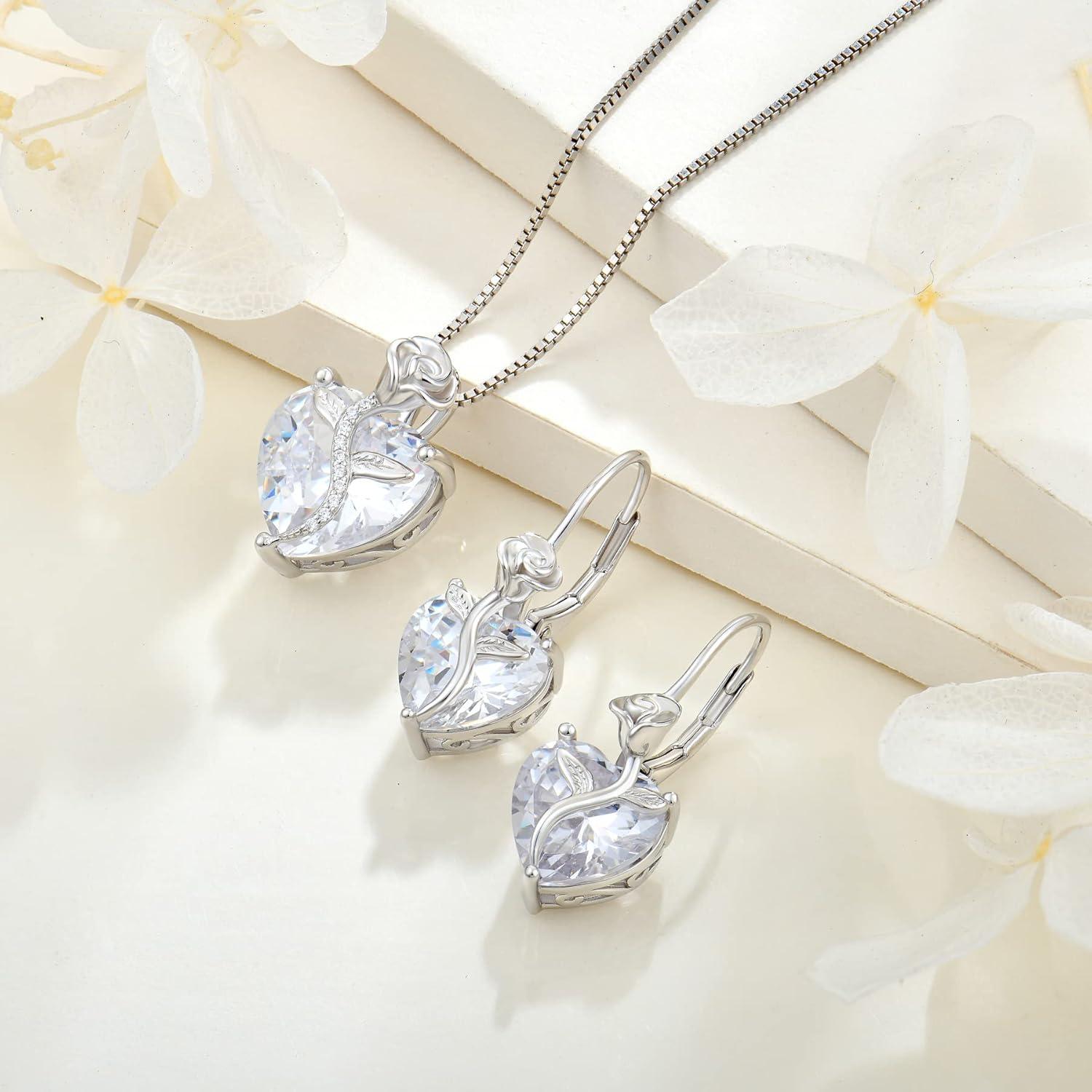 FJ Herz Kette Damen 925 Silber Geburtsstein Rose Blume Anhänger Zirkonia Schmuck