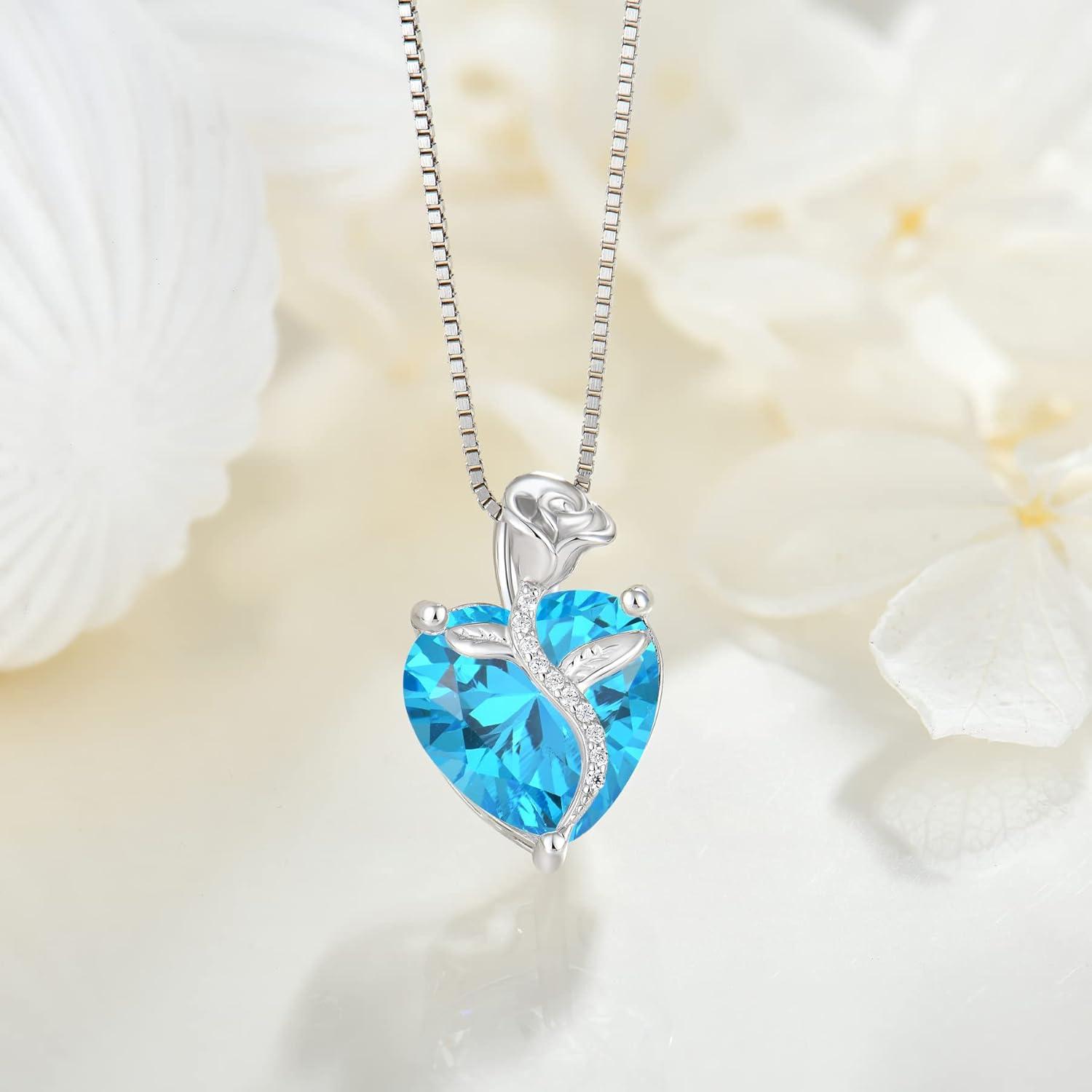 Aquamarin Herz Kette 925 Silber Geburtsstein Rose Anhänger