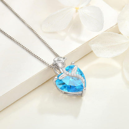Herz Kette Damen 925 Sterling Silber Aquamarin Anhänger Rose Blume Schmuck
