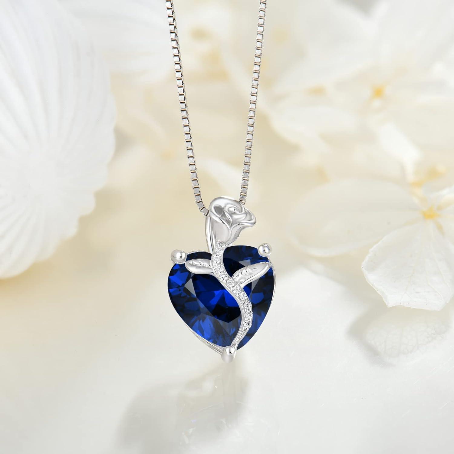 925 Silber Herz Kette Damen Geburtsstein Anhänger Rose Saphir