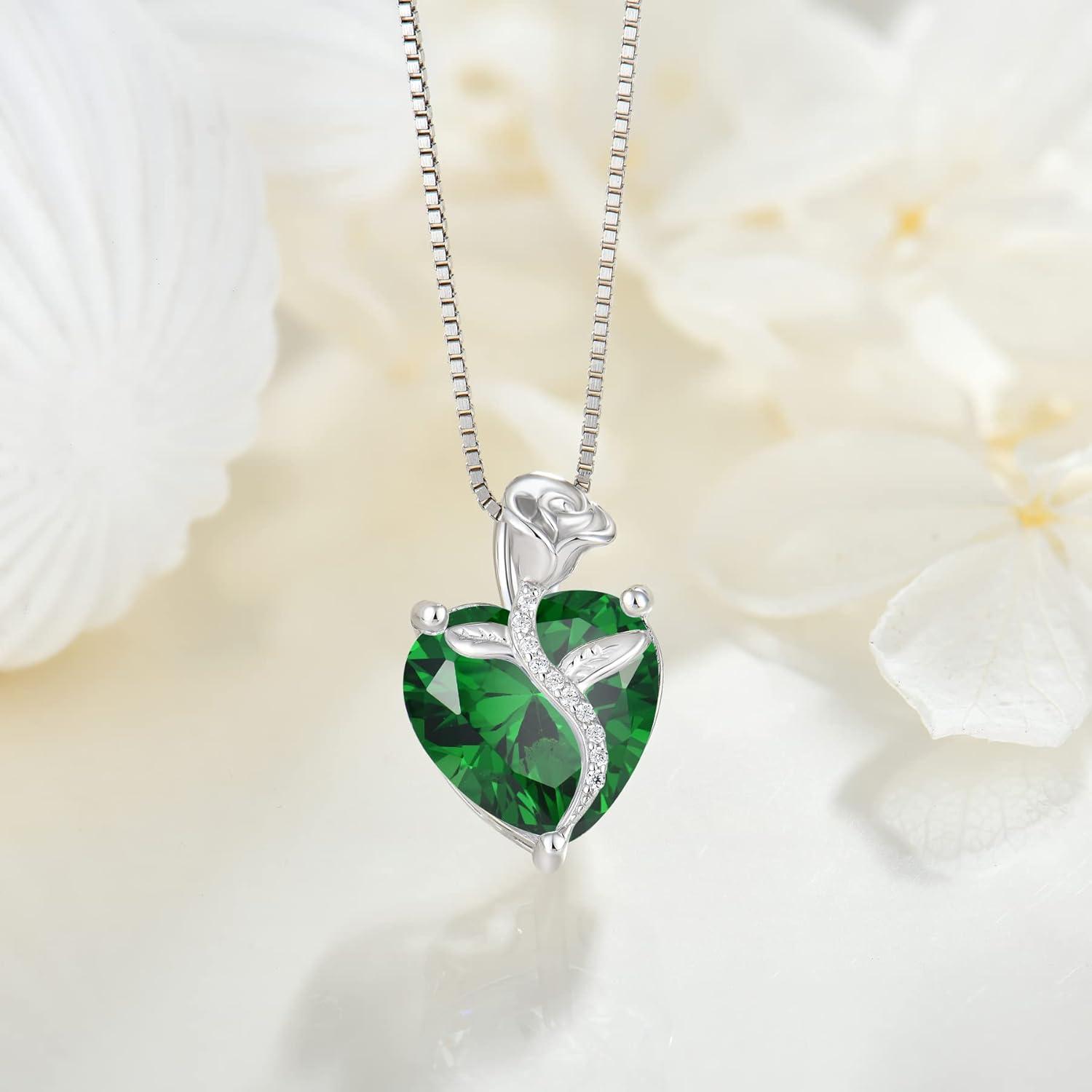 Herz Kette 925 Sterling Silber Geburtsstein Anhänger Rose Blume