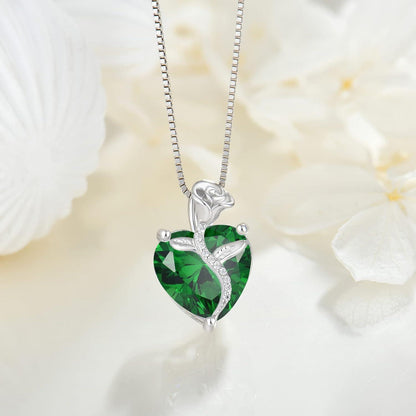 Herz Kette 925 Sterling Silber Geburtsstein Anhänger Rose Blume