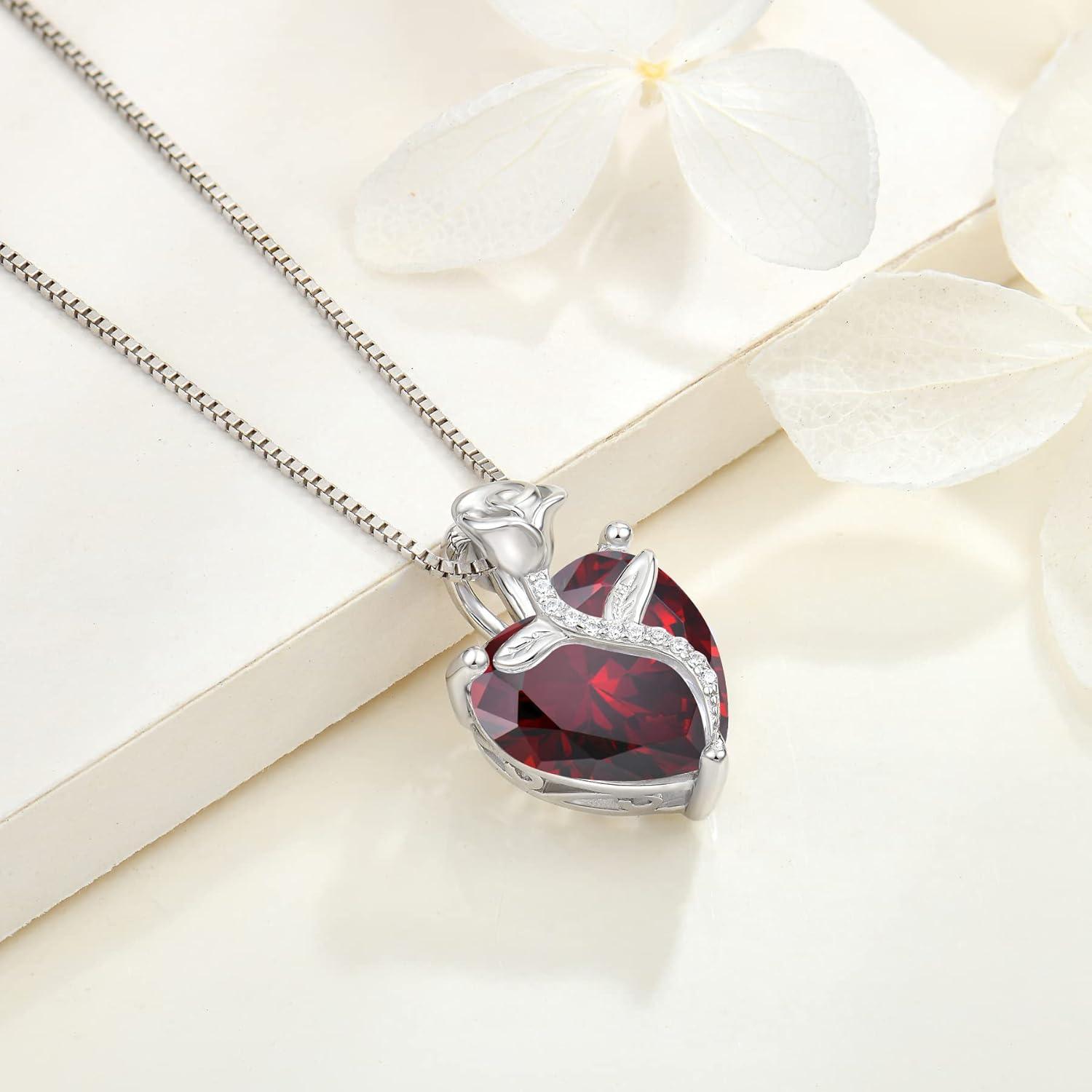 FJ Herz Kette Damen 925 Sterling Silber Anhänger Rose Geburtsstein Granat