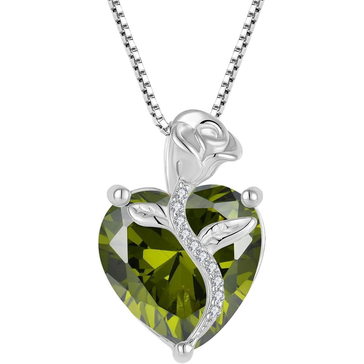 Herz Kette Damen 925 Sterling Silber Geburtsstein Peridot Rose Blume