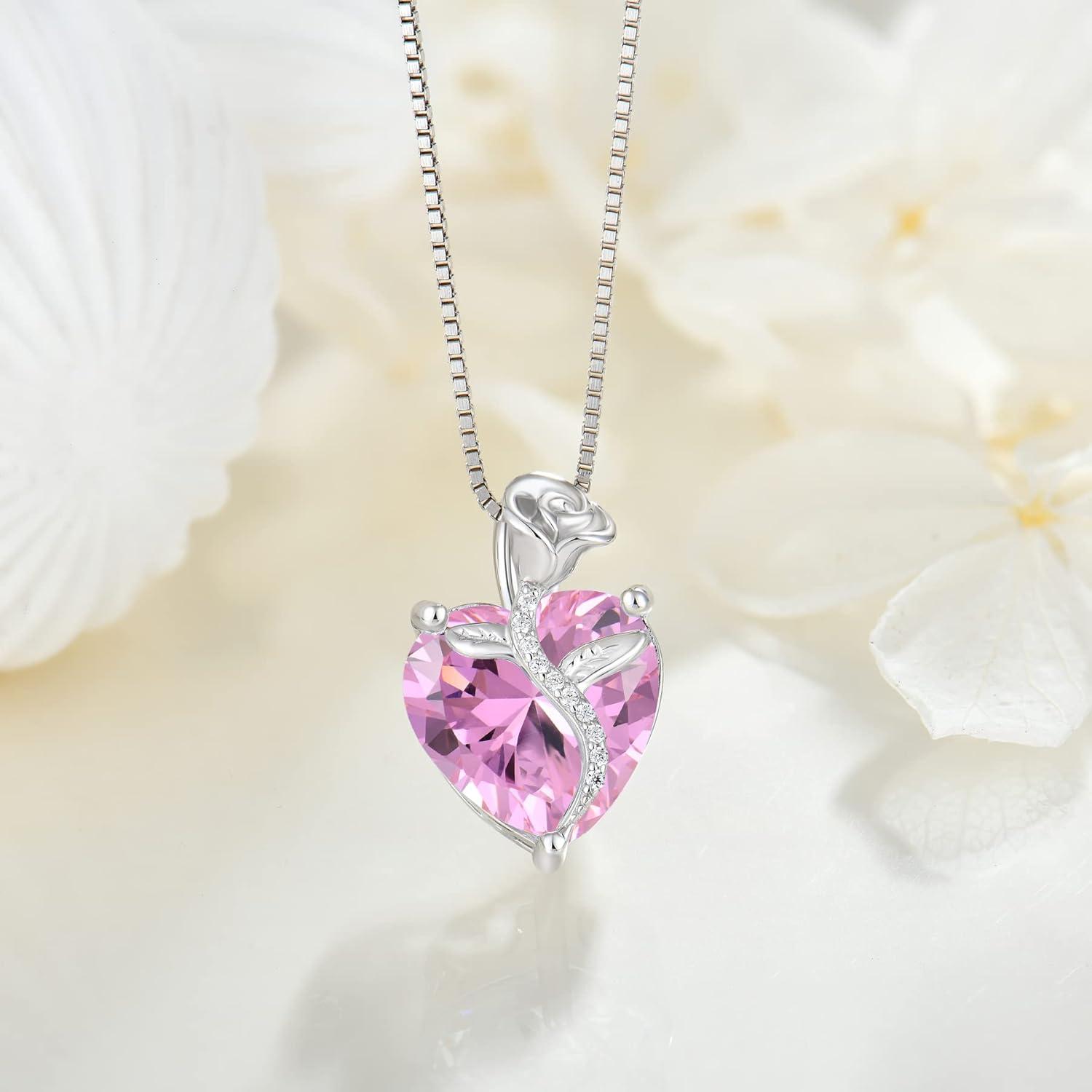 Herz Kette Damen Sterling Silber Geburtsstein Anhänger Rose Blume