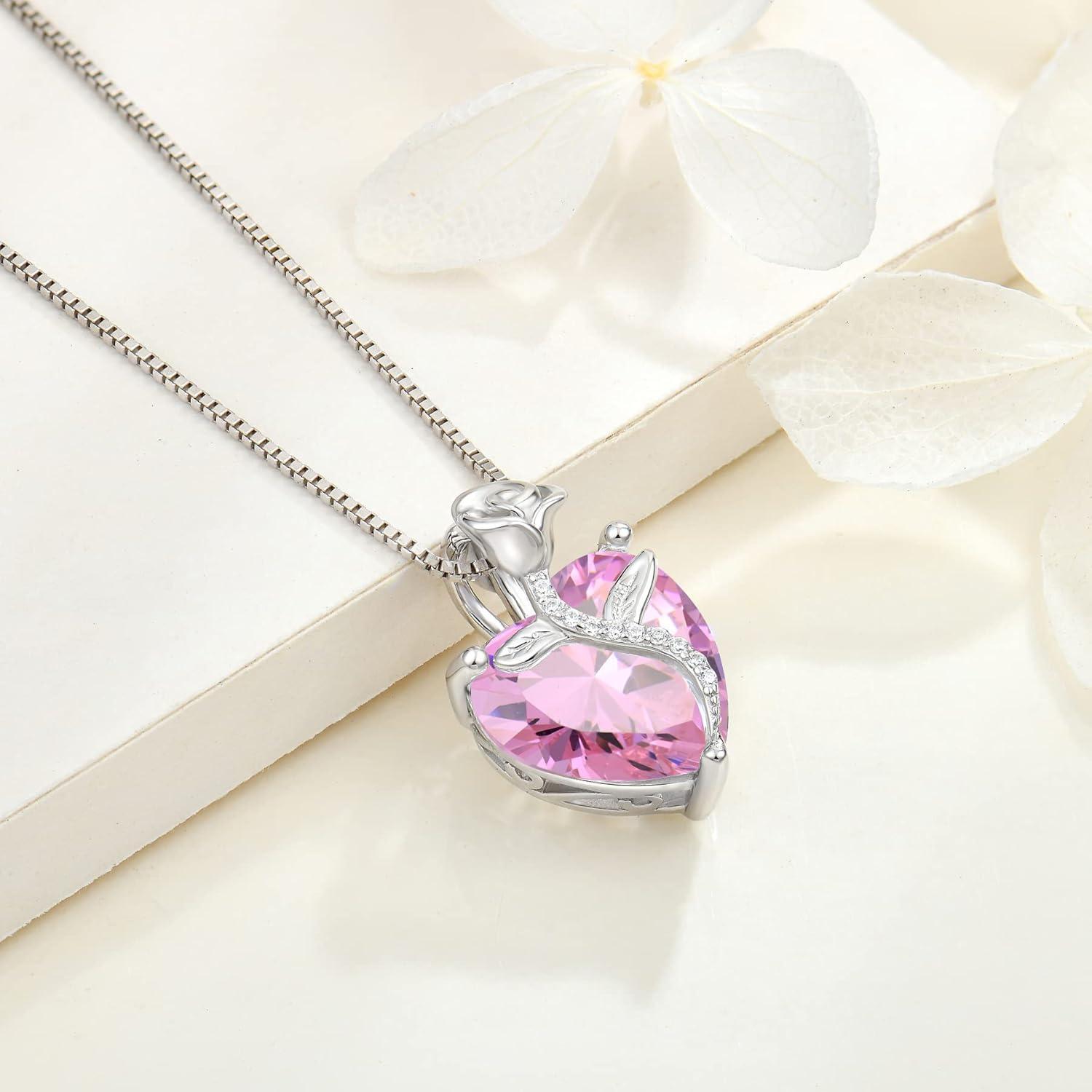 Herz Kette Damen 925 Sterling Silber Geburtsstein Rose Anhänger Mama Oktober Rosa Turmalin