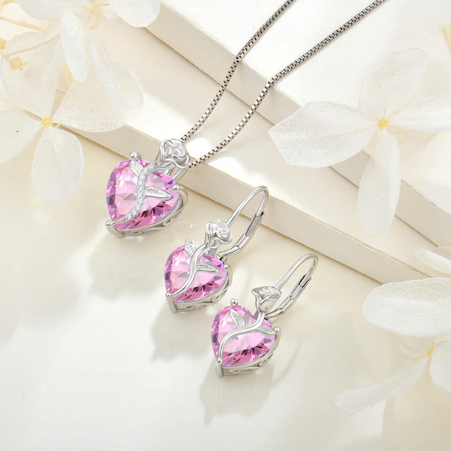 Herz Kette Damen 925 Silber Geburtsstein Rose Blume Anhänger Oktober Turmalin