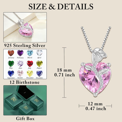 Herz Kette Damen 925 Sterling Silber Anhänger Geburtsstein Rose Blume