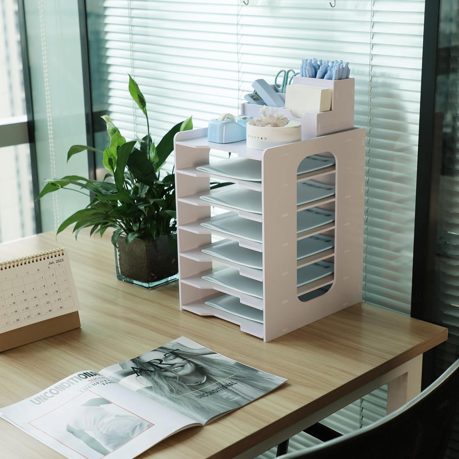 Holz Briefablage mit Stifthalter 7-Tier Organizer Weiß Büro