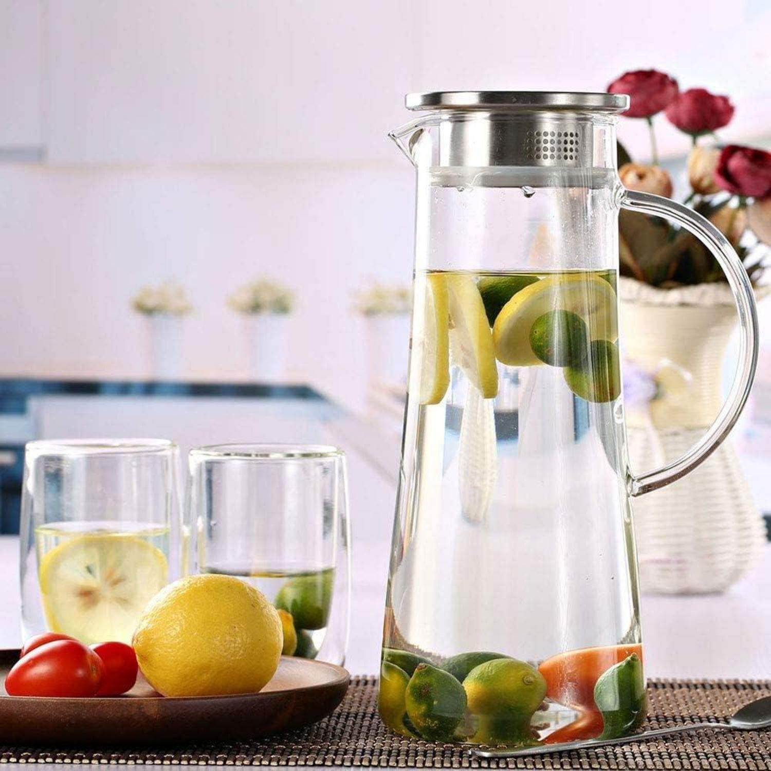 Glaskaraffe Borosilikatglas mit Edelstahldeckel für Wasser Saft 1500ml