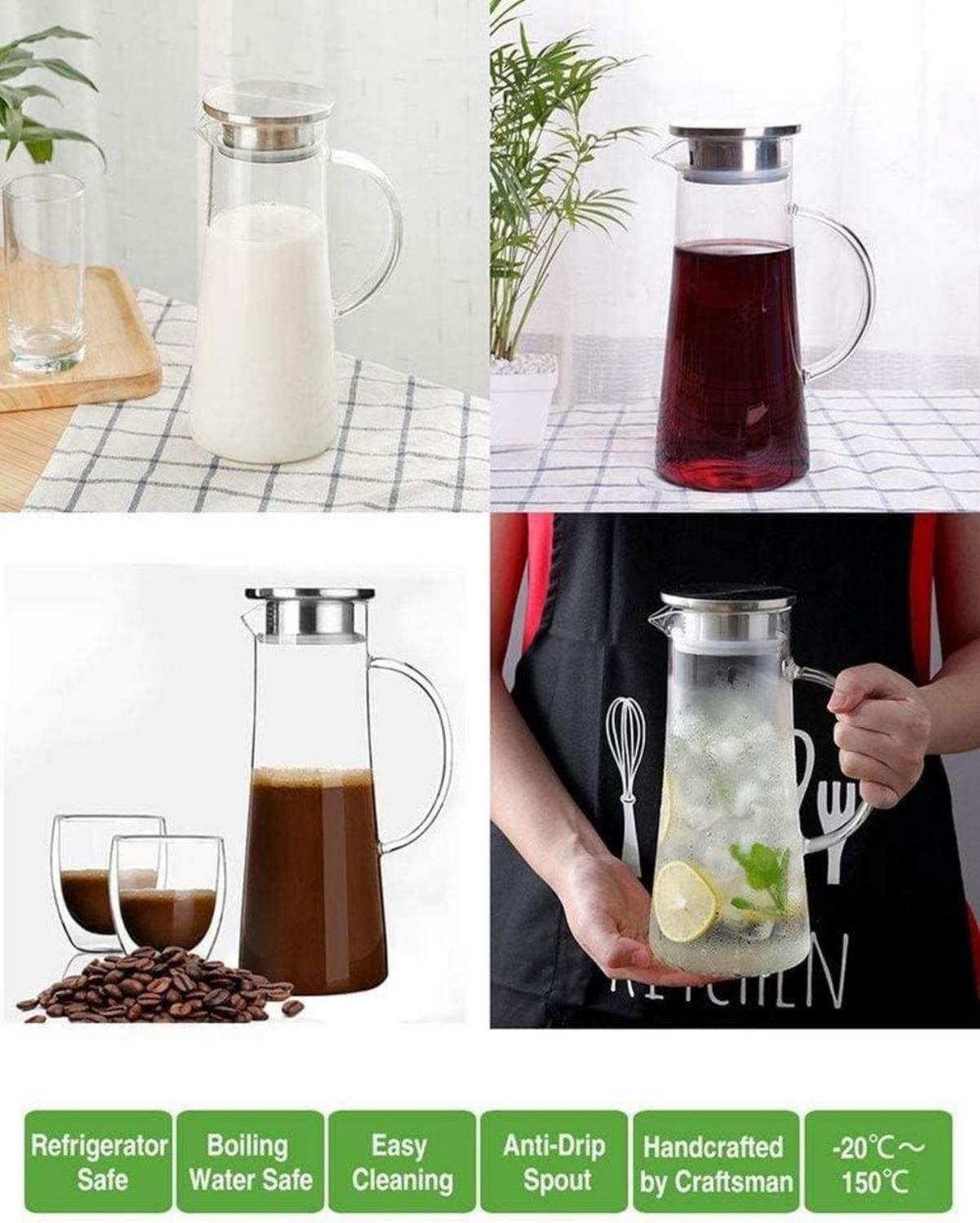 HwaGui Glaskaraffe Borosilikatglas mit Edelstahl Deckel 1500ml