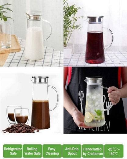 HwaGui Glaskaraffe Borosilikatglas mit Edelstahl Deckel 1500ml