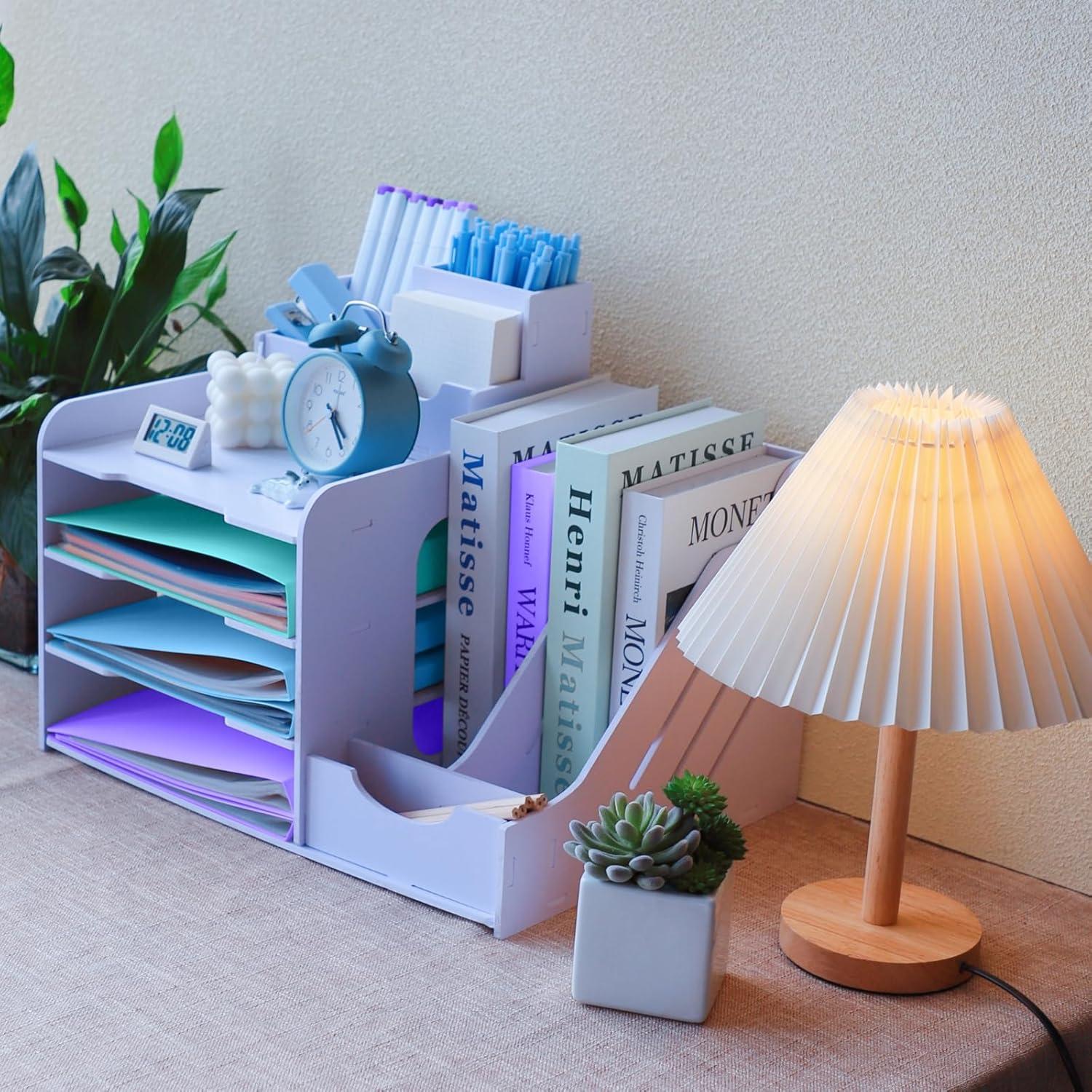 Holz Briefablage Stifthalter Organizer 7-Fach Weiß Büro Schreibtisch
