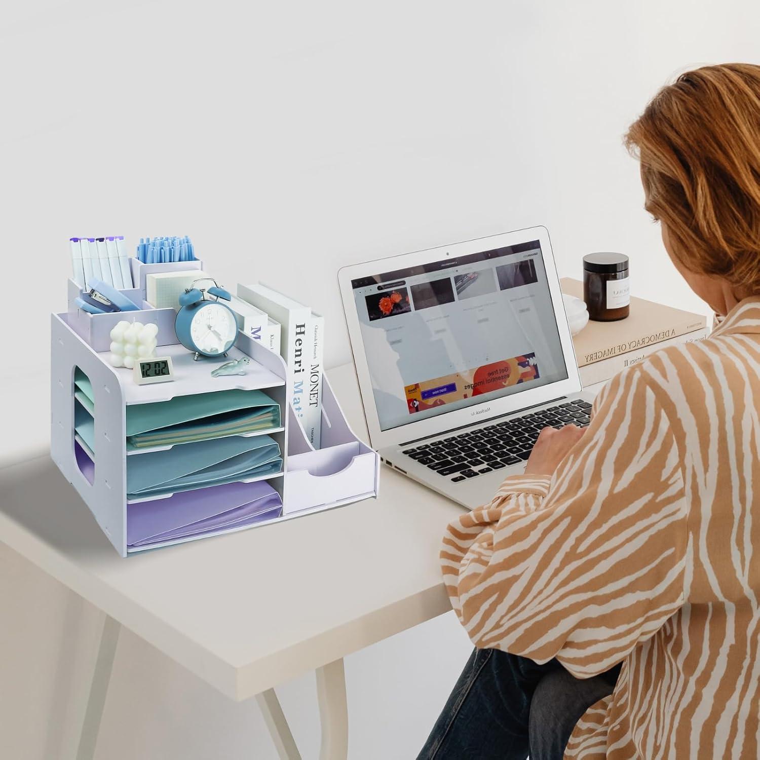 Holz Briefablage Stifthalter Organizer 7-Fach Weiß Büro Schreibtisch