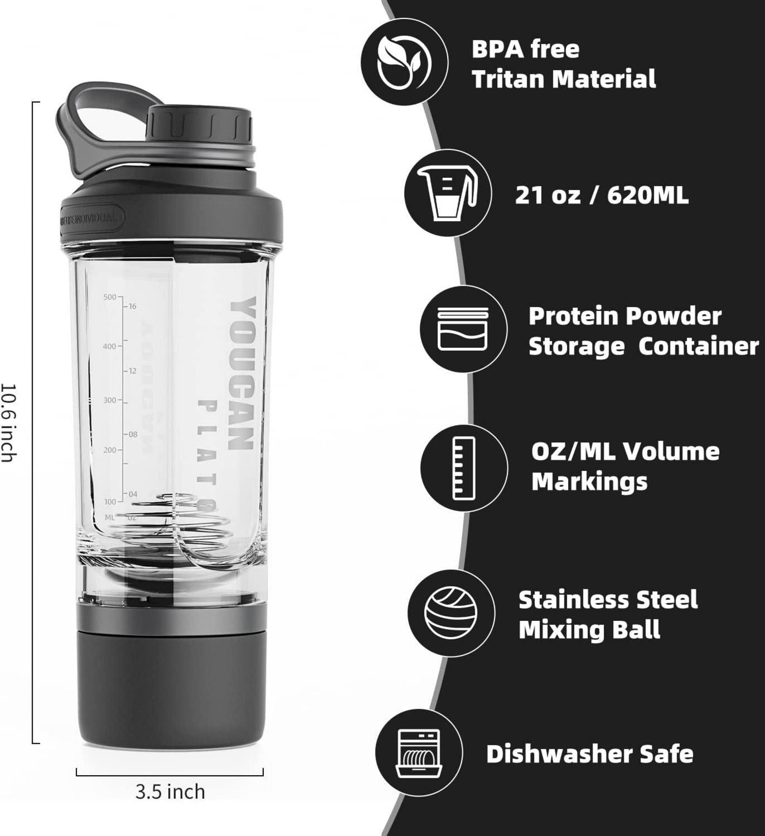 Protein Shaker mit Pulverfach und Kugel - Schwarz 620ML