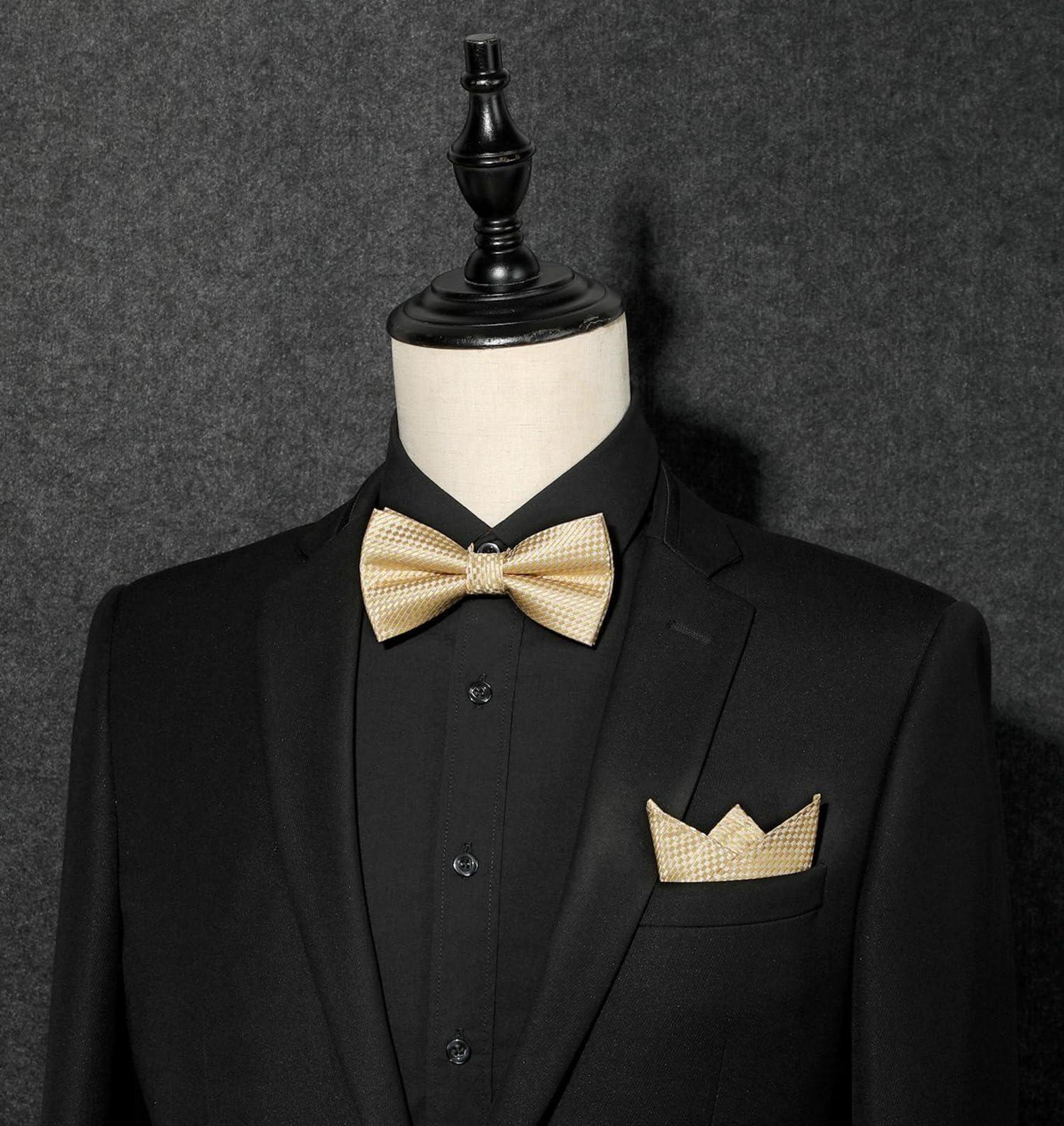 Enlision Herren Fliege und Einstecktuch Set Champagner Schleife Hochzeit Ehe Vorgebunden