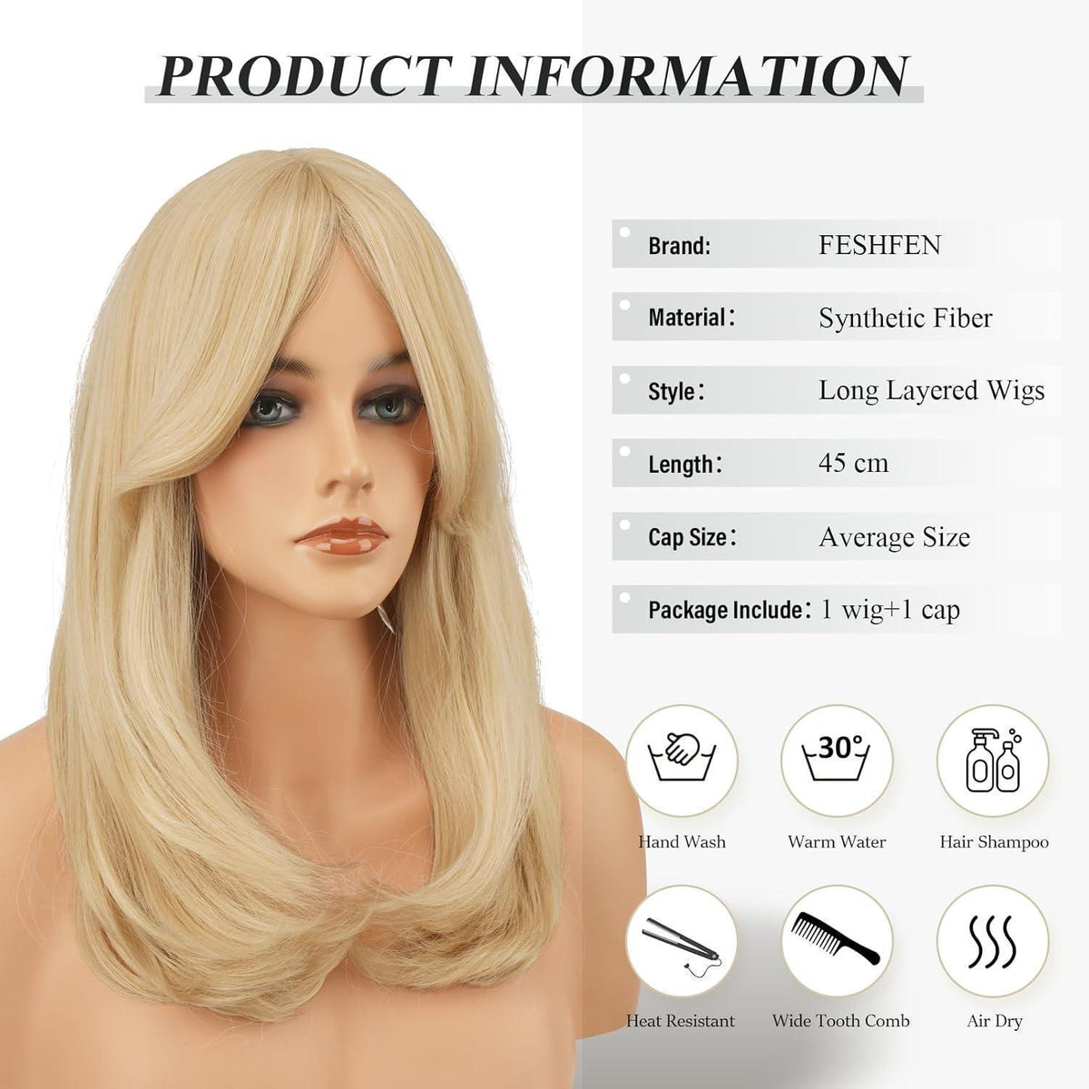Langhaar Perücke mit Pony, Blond Synthetik Haar Perücke