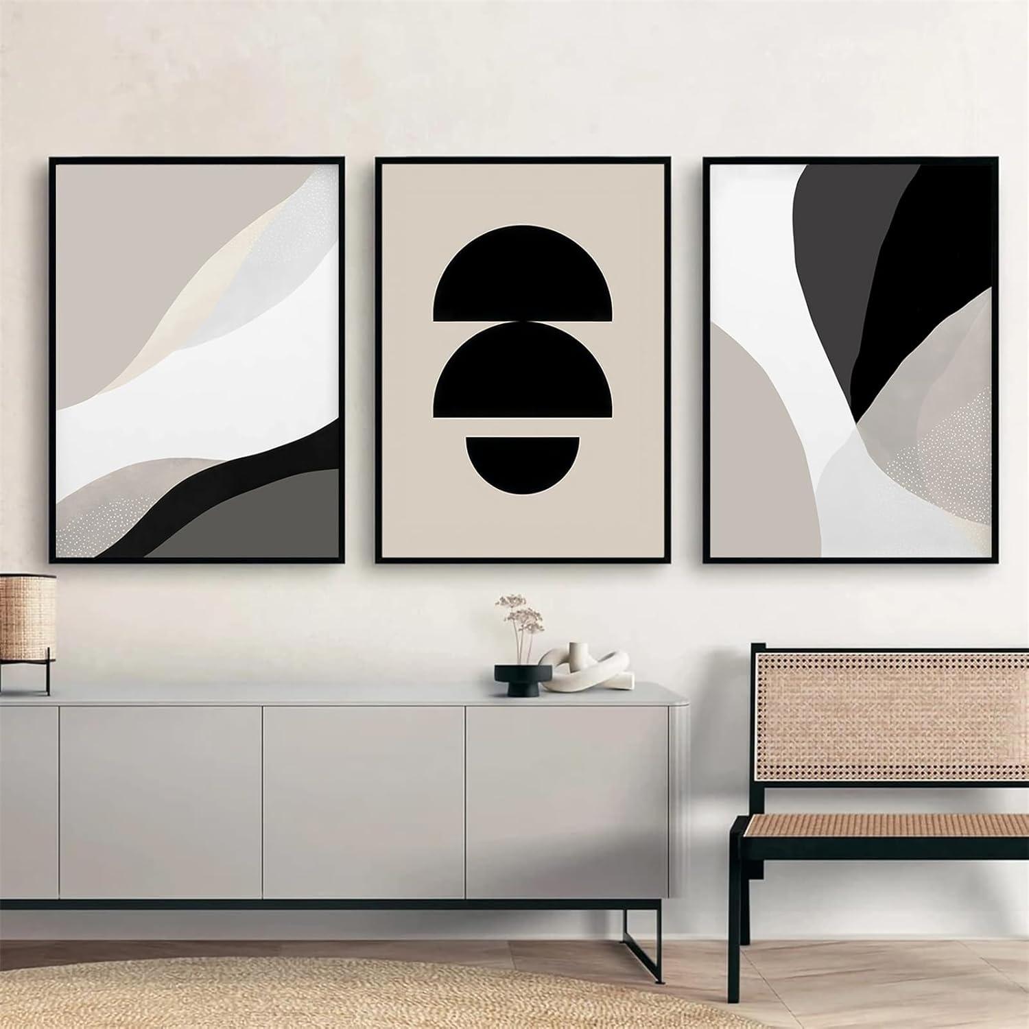 3-teiliges Premium Poster Set Schwarz Beige Abstrakt Kunstbilder