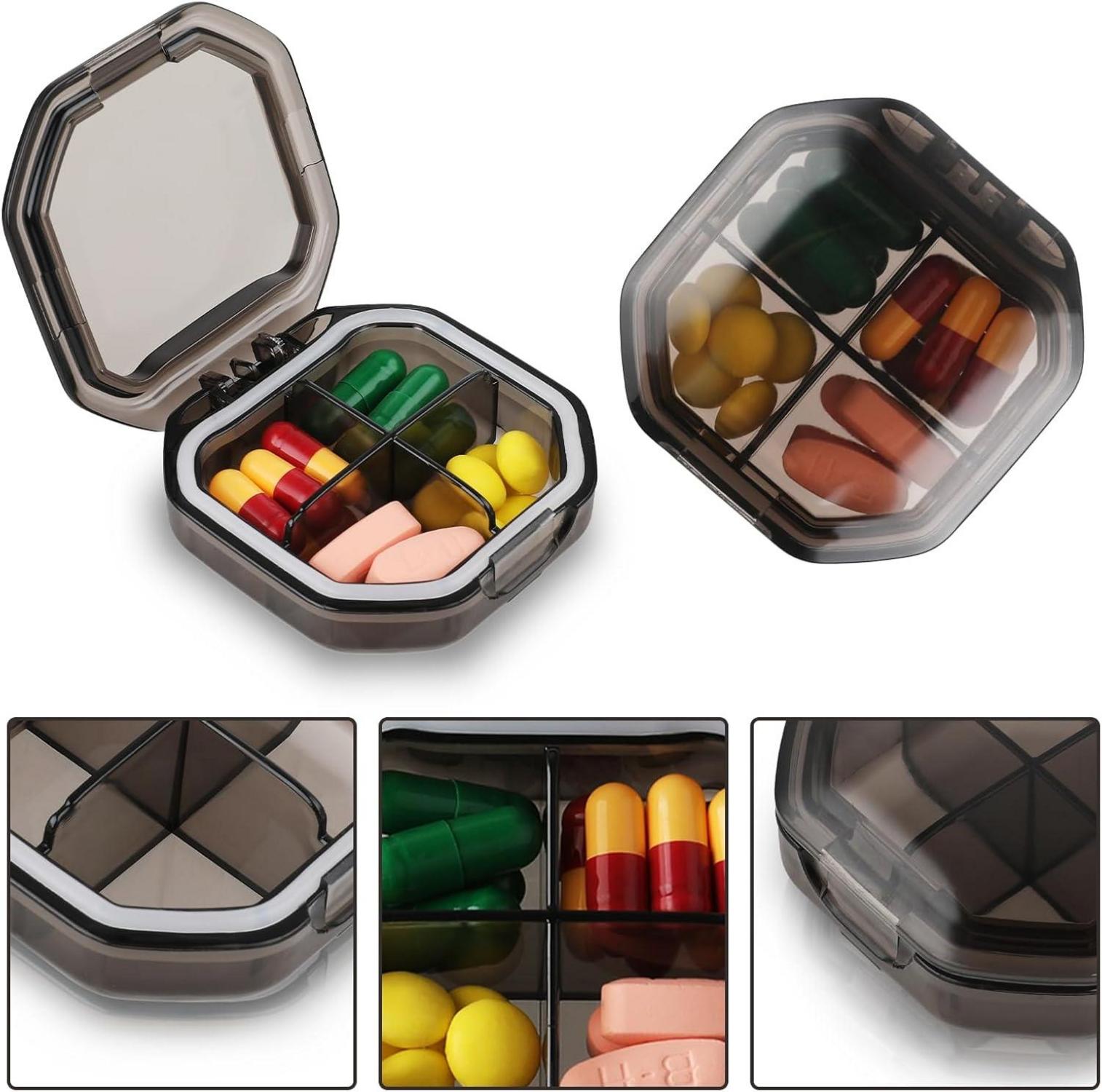 Pillendose mit 4 Fächern, Tablettenbox Reise-Pillen-Organizer, grau