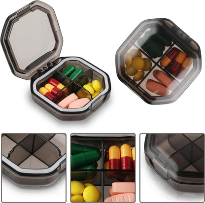 Pillendose mit 4 Fächern, Tablettenbox Reise-Pillen-Organizer, grau