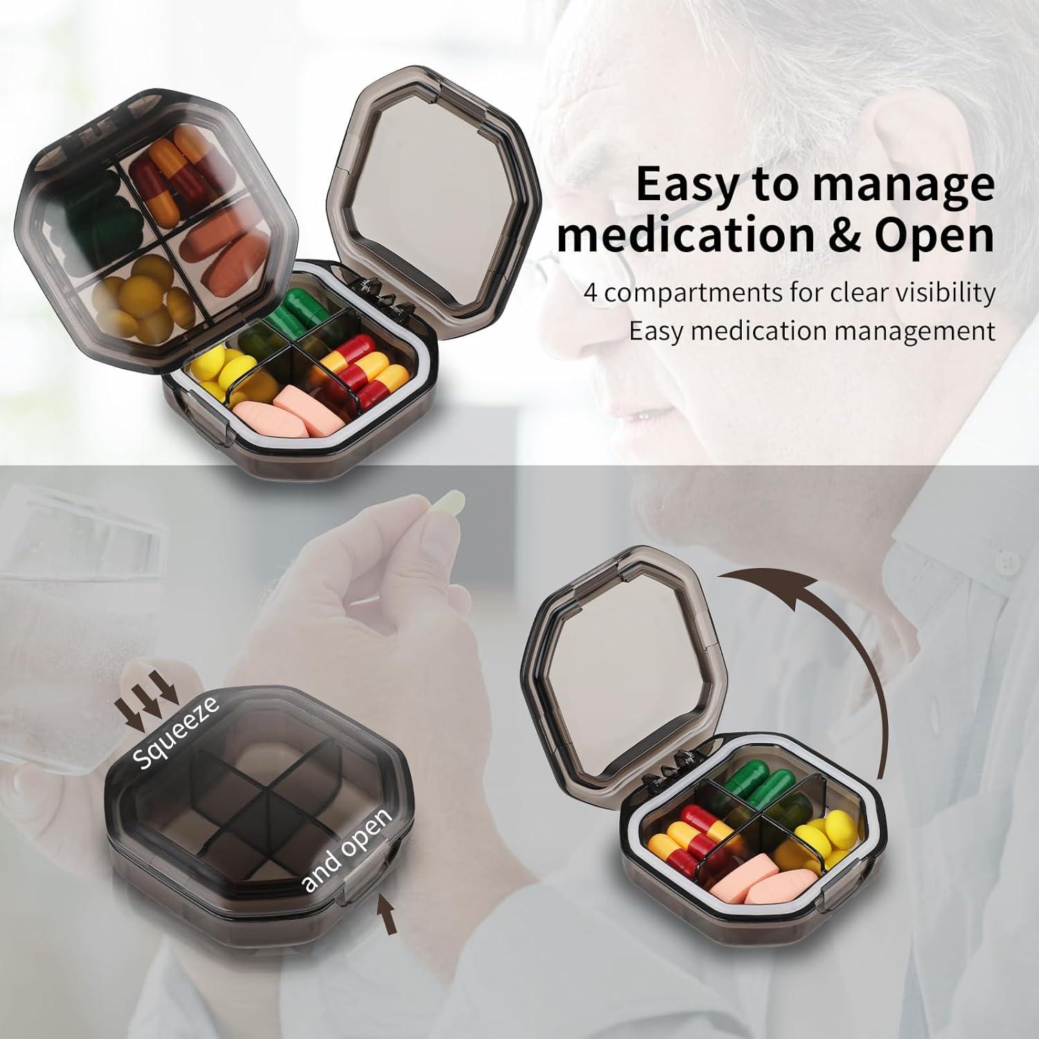 Pillendose mit 4 Fächern, Tablettenbox Reise-Pillen-Organizer zur