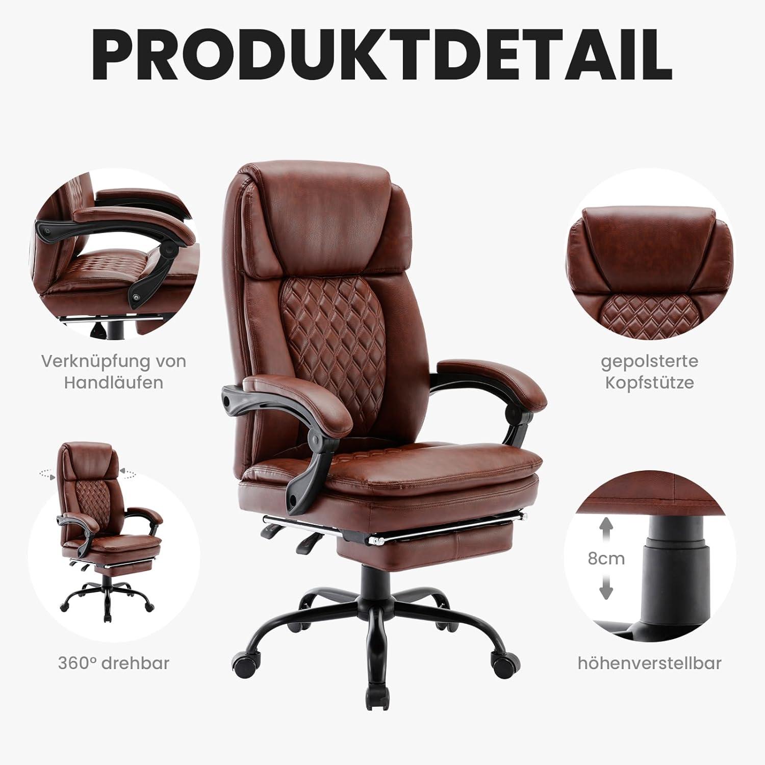 Ergonomischer Bürostuhl PU Leder mit Fußstütze und Hoher Rückenlehne Bürostuhl