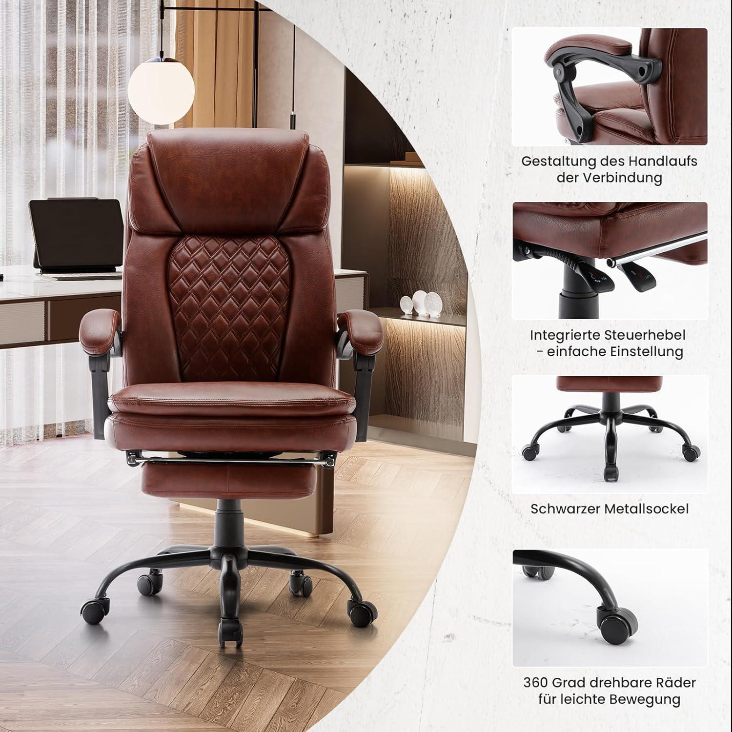 Ergonomischer Bürostuhl PU Leder mit Fußstütze und Hoher Rückenlehne Bürostuhl