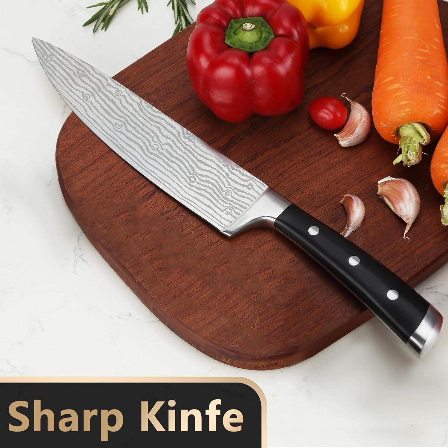 BEWOS Kochmesser Set 21 cm Damastmesser Küchenmesser Scharf Santoku