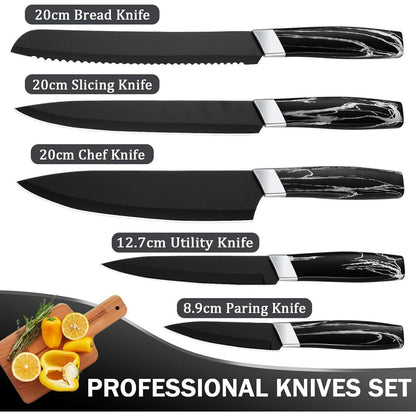 Günstiges Messerset Schwarz Edelstahl 5PCS Kochmesserset