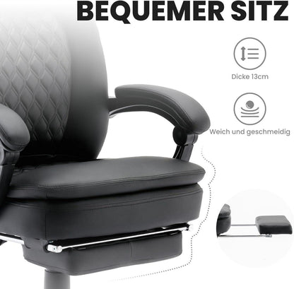 Ergonomischer Bürostuhl PU Leder Hohe Rückenlehne Fußstütze Schwarz
