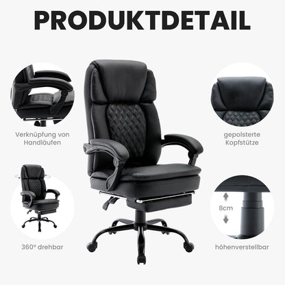 Ergonomischer Chefsessel mit Fußstütze und hoher Rückenlehne, Schwarz