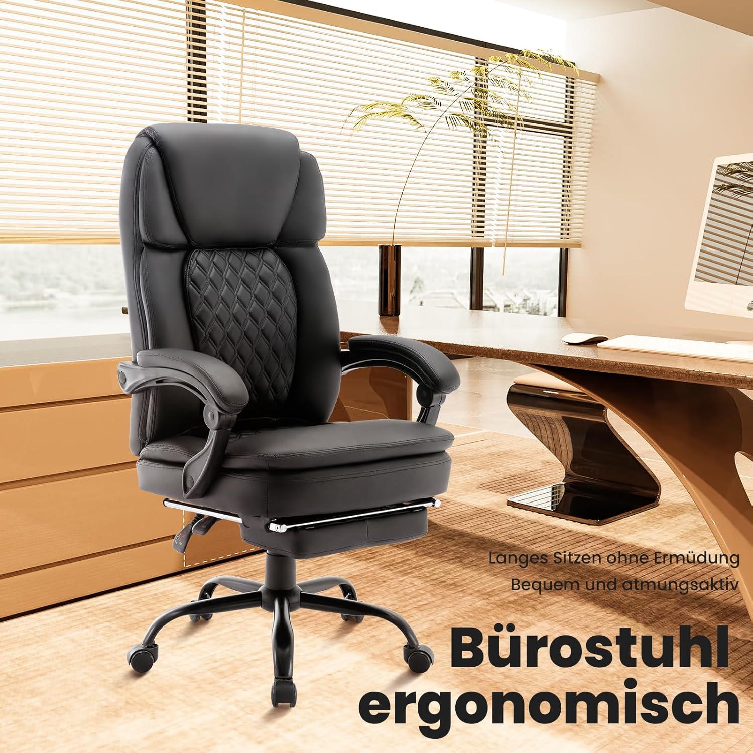 Ergonomischer Chefsessel Bürostuhl Schwarz PU Leder Fußstütze