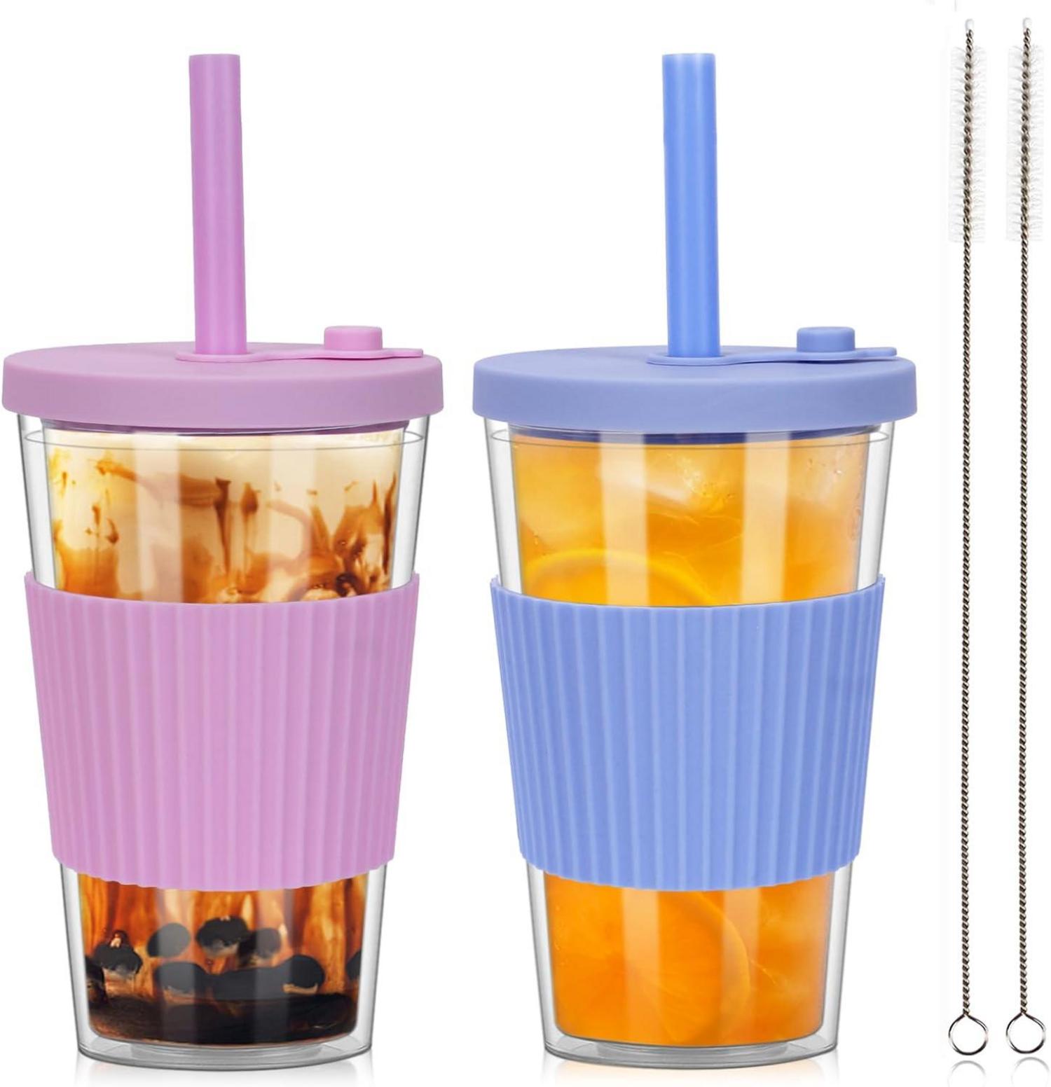 Bubble Tea Becher 500ml mit Deckel und Strohhalm 2er Set