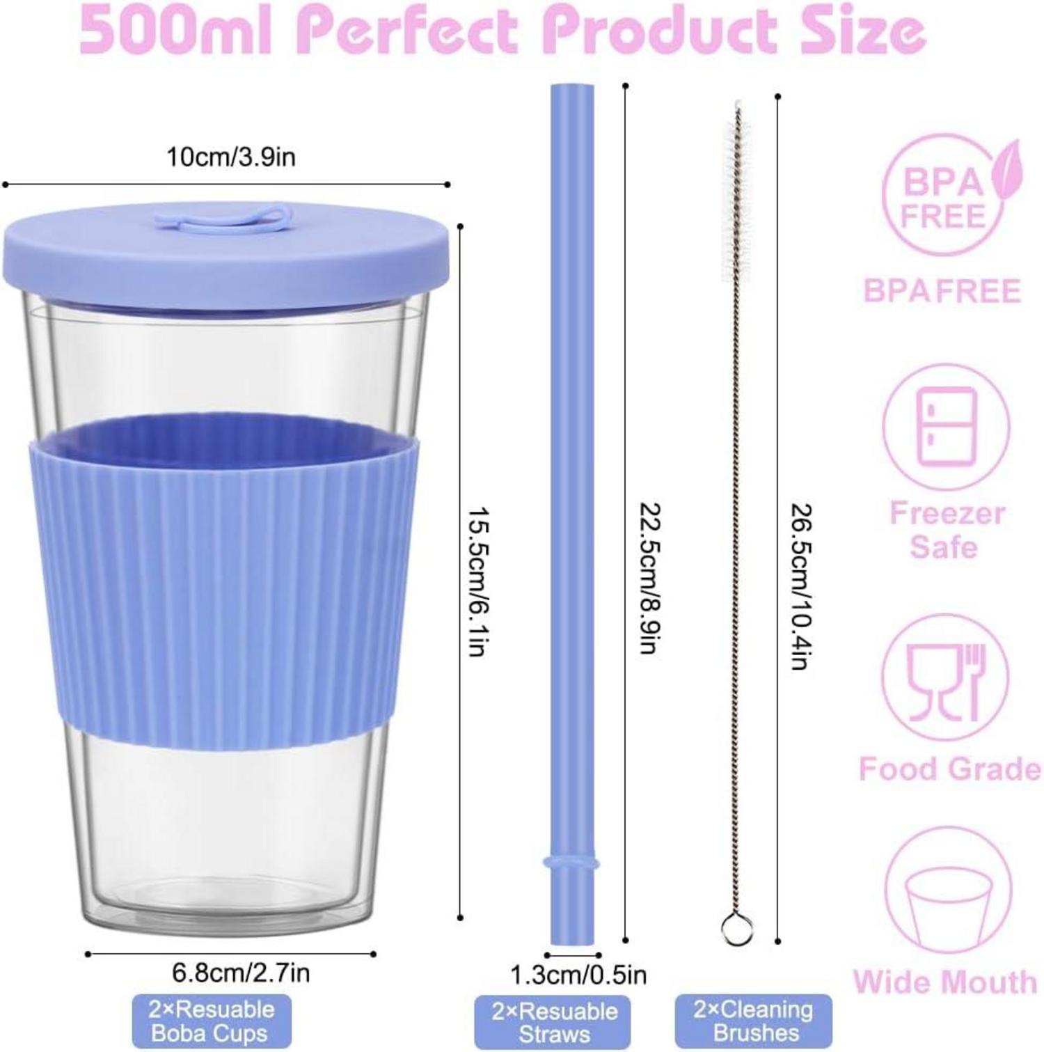 Bubble Tea Becher 500ml mit Deckel und Strohhalm, 2er Set