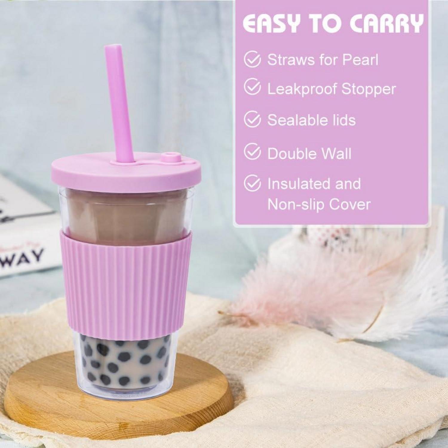 Bubble Tea Becher 500ml mit Deckel und Strohhalm 2er Set